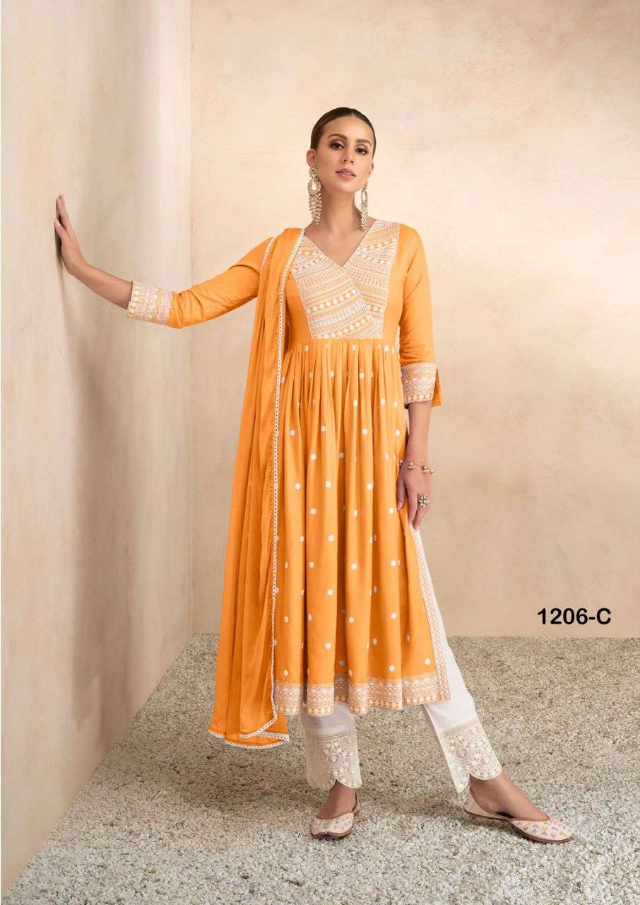 AADHIRA VOL 4 LIGHT COLOR  REYON VISCOS FRNT AND BACK LAKHNAWI WORK NAYRA CUT KURTI WITH COTTON PANT AND NAZMIN DUPATTA BY VAMIKA BRAND 1206 C